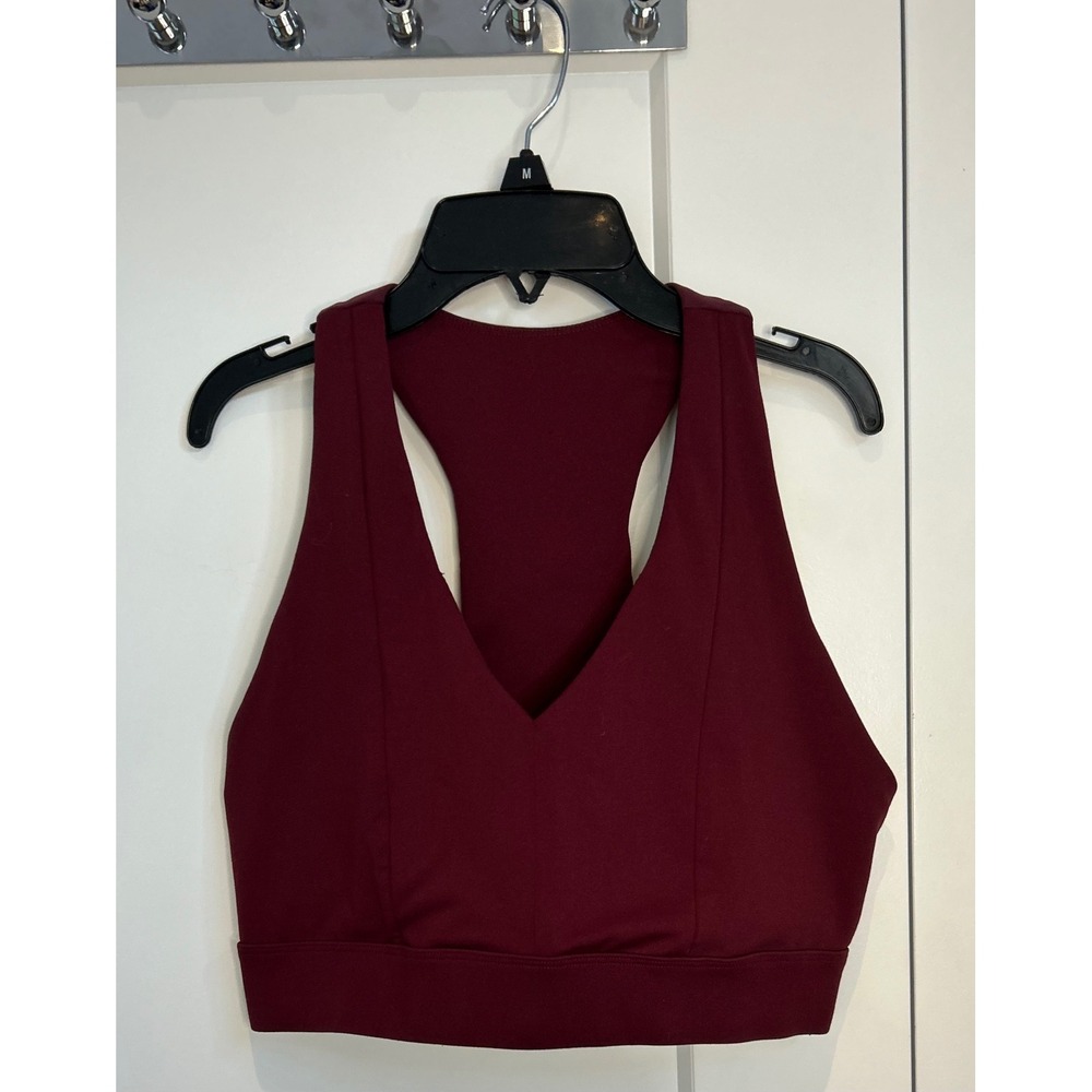Fabletics Burgundy V-Neck Racerback Sports Bra with Back Phone Pocket Medium